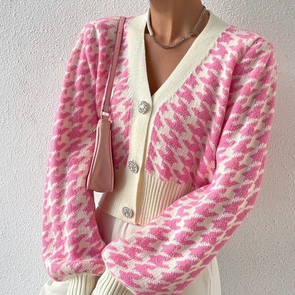 . Sweaters - Pink Preppy Womens Houndstooth Pattern Lantern Sleeve Cardigan